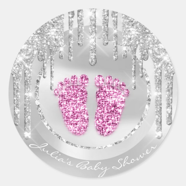 Baby Shower Feet Pink Name Drips Grey Glitter Classic Round Sticker (Front)