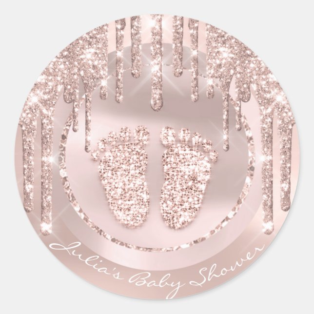 Baby Shower Feet Pink Name Drips Rose Glitter Classic Round Sticker (Front)