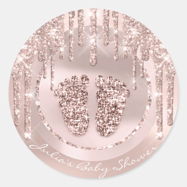 Baby Shower Feet Pink Name Drips Rose Glitter Classic Round Sticker (Front)