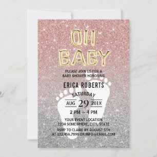 Baby Shower Feet Print Rose Gold & Silver Glitter Invitation