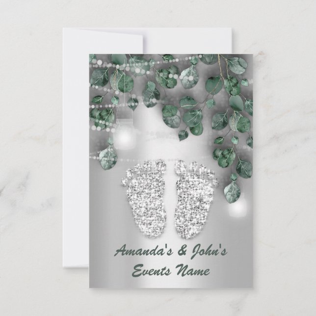 Baby SHOWER Feet  Rustic Green Grey  Girl Boy Invitation (Back)