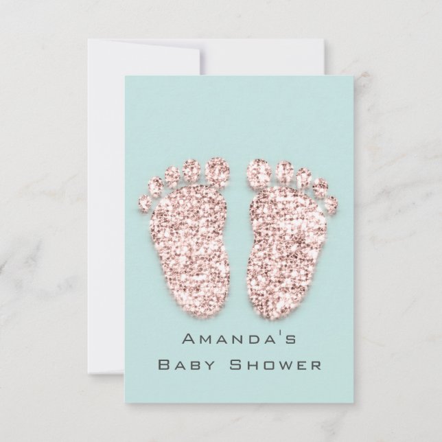 Baby Shower Feet Silver Girl Boy Mint Rose Glitter Invitation (Back)