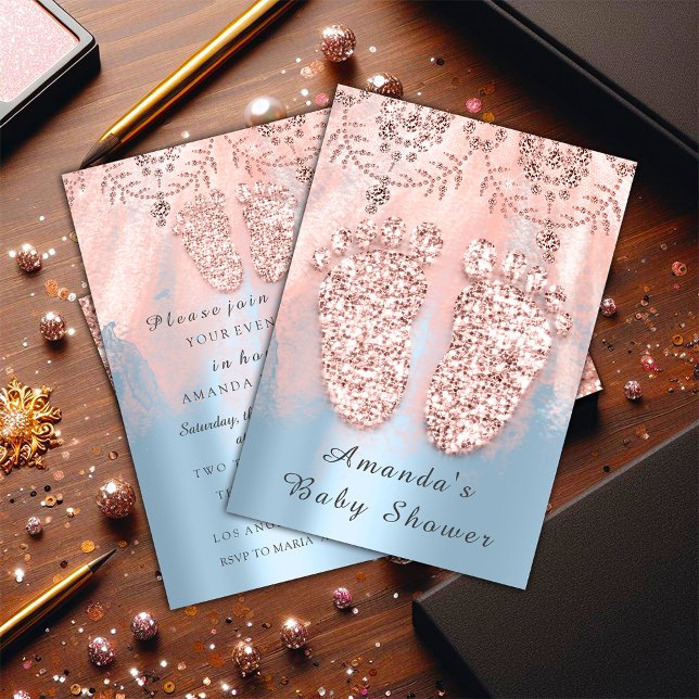 Baby Shower Feet Silver Girl Boy Royal Rose Blue Invitation (Baby Shower Feet Silver Girl Boy Royal Rose Blue Invitation)