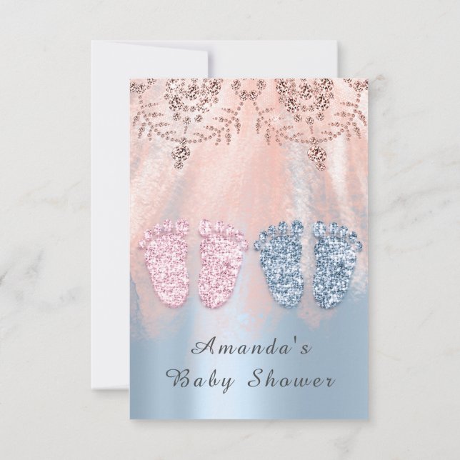 Baby Shower Feet Silver Girl Boy Royal Twins Glam  Invitation (Back)