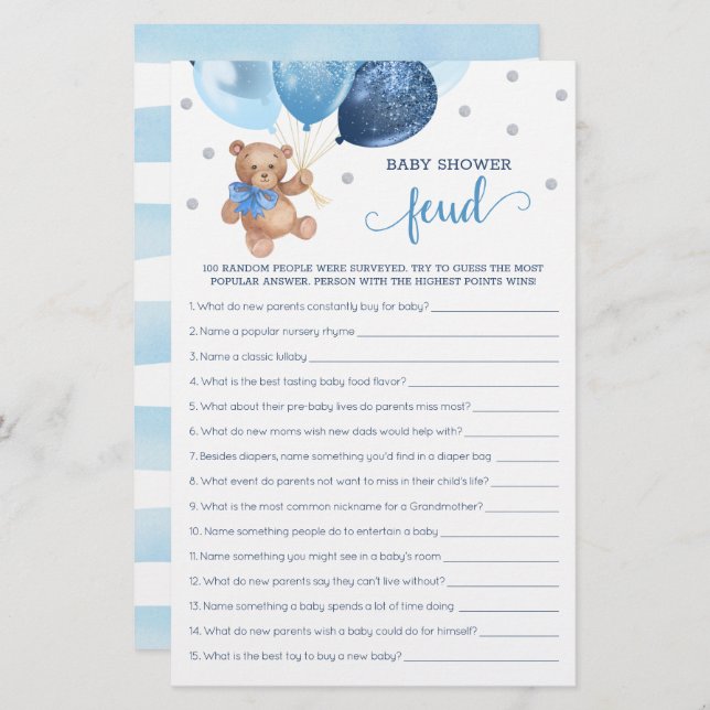 Baby Shower Feud Game Blue And Silver Teddy Bear  (Front/Back)
