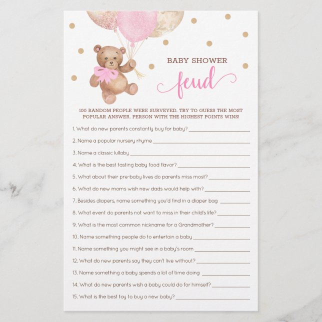Baby Shower Feud Game Pink And Gold Teddy Bear  (Front)