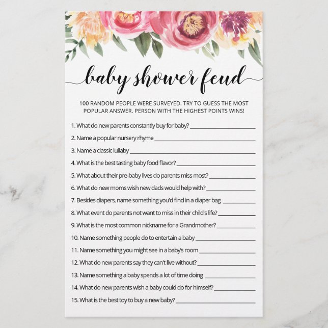 Baby Shower Feud game with Answers (Front)