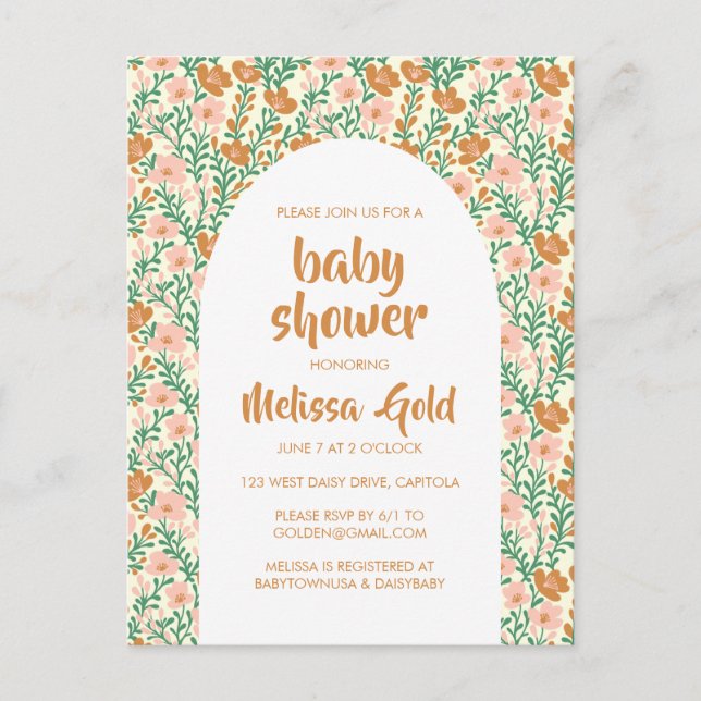 BABY SHOWER Floral Arch Pink Flower Pattern CUSTOM Invitation Postcard (Front)