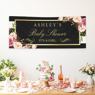 Baby Shower Floral Black White Stripes 2.5 x 6 Banner