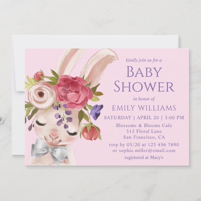 Baby Shower Floral Bunny Rabbit Cute Modern Invitation (Front)