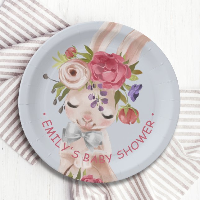 Baby Shower Floral Bunny Rabbit Cute Modern Paper Plate (Creator Uploaded)