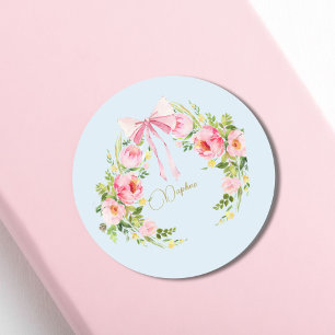 Baby Shower Floral Crest Regency Bow Pink Blue Classic Round Sticker