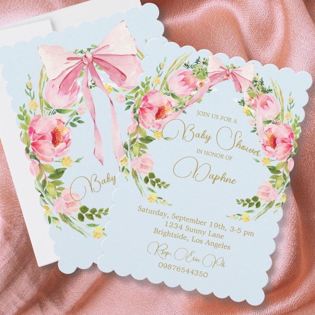 Baby Shower Floral Crest Regency Bow Pink Blue  Invitation (Creator Uploaded)