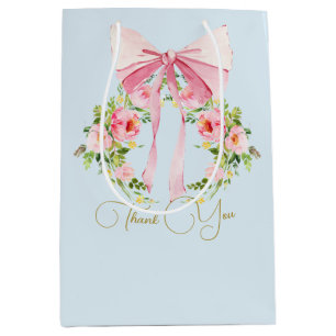 Baby Shower Floral Crest Regency Bow Pink Blue Medium Gift Bag
