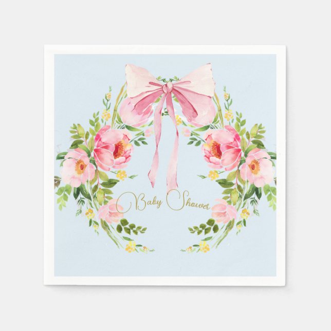 Baby Shower Floral Crest Regency Bow Pink Blue  Napkin (Front)