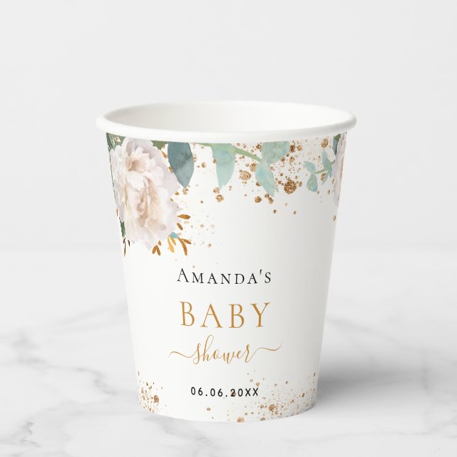 Baby Shower floral eucalyptus greenery glitter Paper Cups (Front)