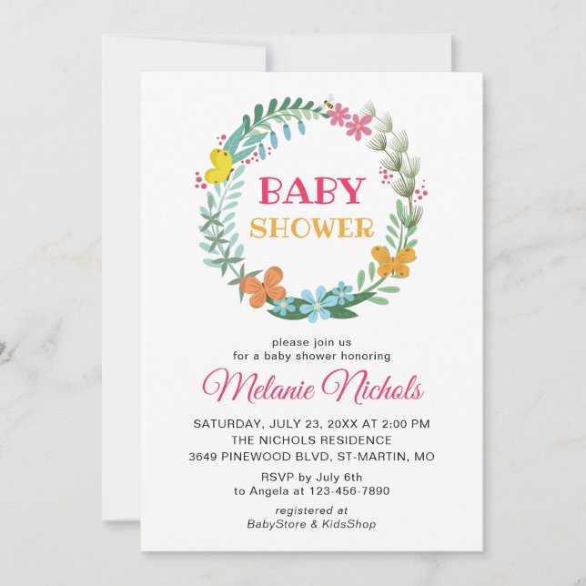 Baby Shower Floral Greenery Wreath Butterfly Bee Invitation (Front)