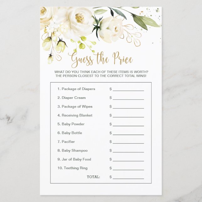 Baby Shower Floral Guess the Price Game (Front)