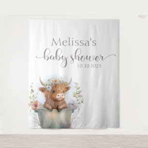 Baby Shower floral highland cow Backdrop  Tapestry