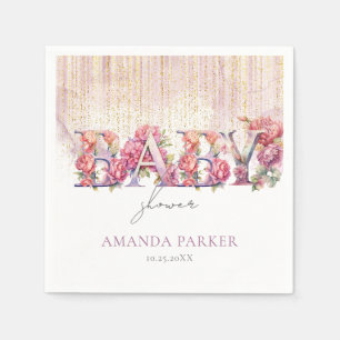 Baby Shower Floral Letters Pink Gold Personalised Napkin
