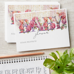 Baby Shower Floral Pink Gold Glitter  Envelope