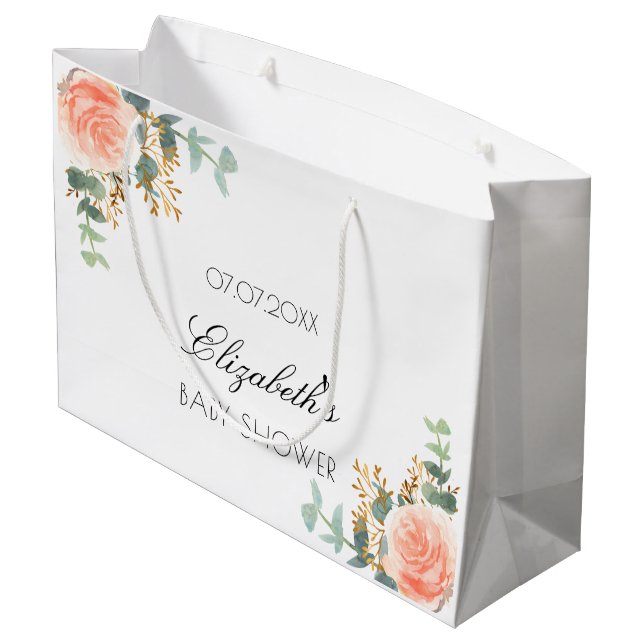 Baby Shower floral rose gold blush eucalyptus Large Gift Bag (Back Angled)