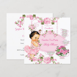 Baby Shower Floral Rose Tea Party Pink Brunette Invitation