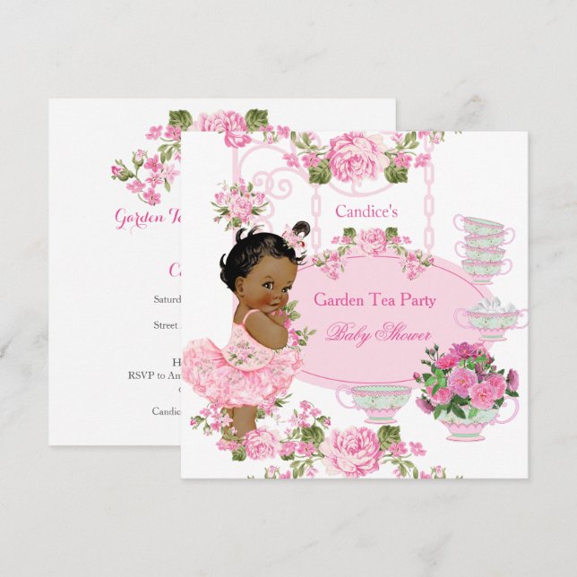 Baby Shower Floral Rose Tea Party Pink Ethnic Invitation (Front/Back)