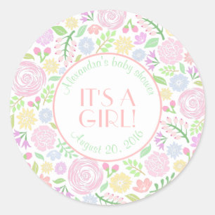 Baby Shower Floral Round Sticker, Glossy Classic Round Sticker