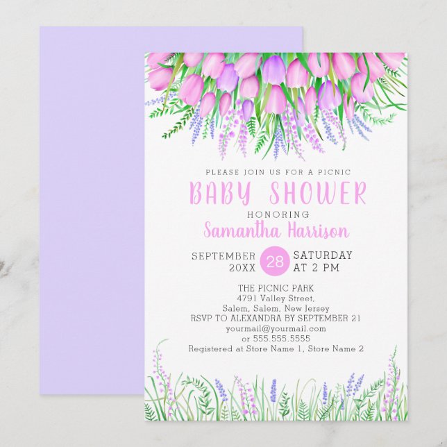 Baby Shower Floral Spring Lavender Tulips Picnic Invitation (Front/Back)