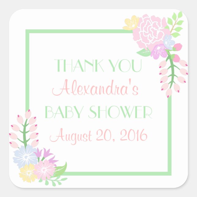 Baby Shower Floral Square Stickers, Glossy Square Sticker (Front)