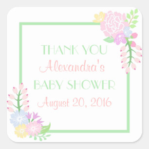 Baby Shower Floral Square Stickers, Glossy Sticker