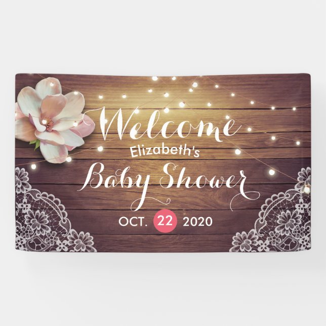 Baby Shower Floral String Lights Rustic Wood Lace Banner (Horizontal)