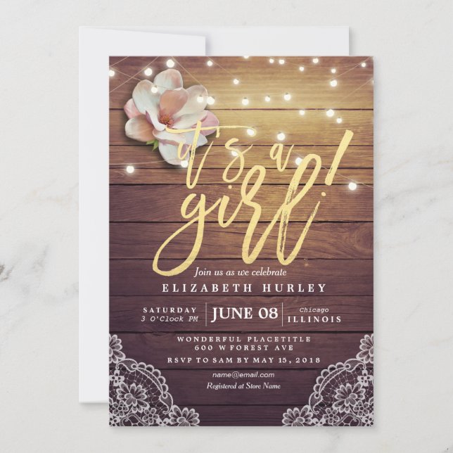 Baby Shower Floral String Lights Rustic Wood Lace Invitation (Front)