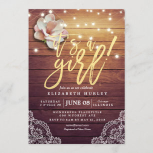 Baby Shower Floral String Lights Rustic Wood Lace Invitation