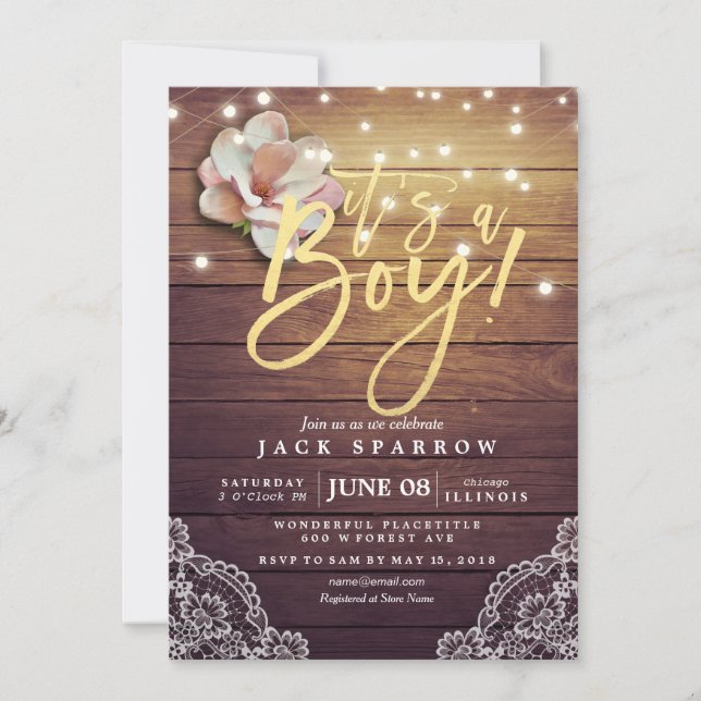 Baby Shower Floral String Lights Rustic Wood Lace Invitation (Front)