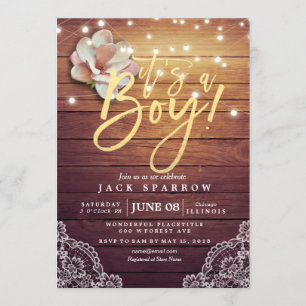 Baby Shower Floral String Lights Rustic Wood Lace Invitation