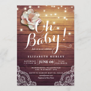 Baby Shower Floral String Lights Rustic Wood Lace Invitation