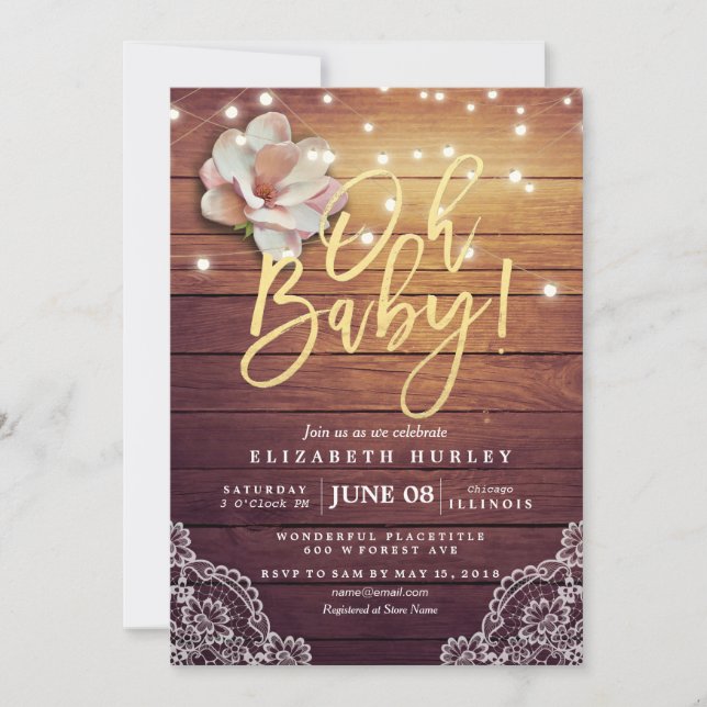Baby Shower Floral String Lights Rustic Wood Lace Invitation (Front)