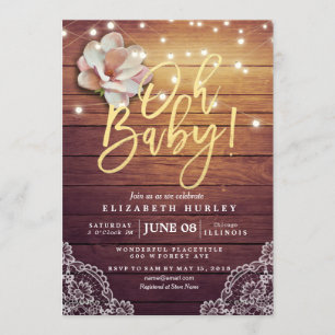 Baby Shower Floral String Lights Rustic Wood Lace Invitation