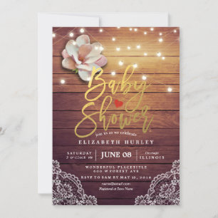 Baby Shower Floral String Lights Rustic Wood Lace Invitation