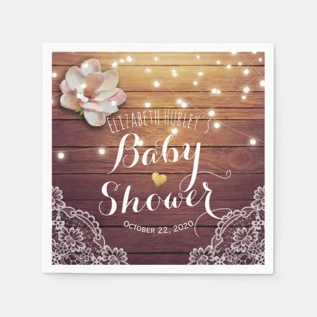 Baby Shower Floral String Lights Rustic Wood Lace Napkin (Front)