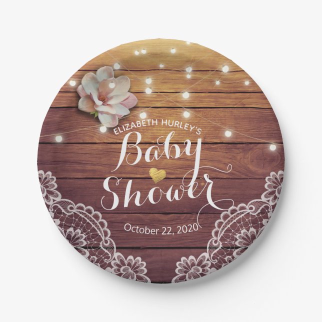 Baby Shower Floral String Lights Rustic Wood Lace Paper Plate (Front)