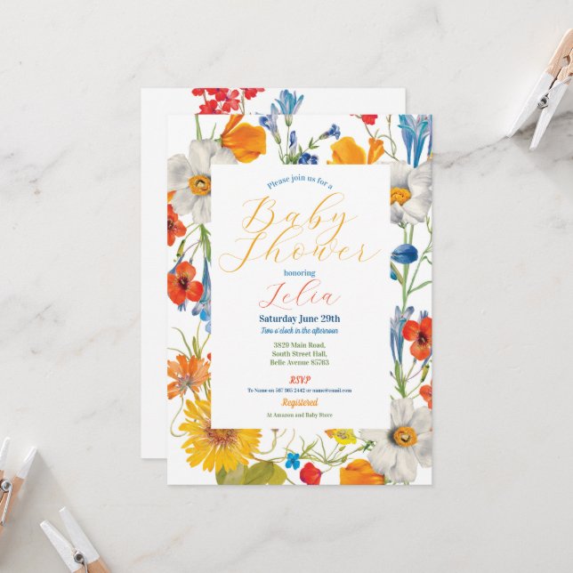 Baby Shower Floral Summer Colour Flowers Party Invitation (Front/Back In Situ)