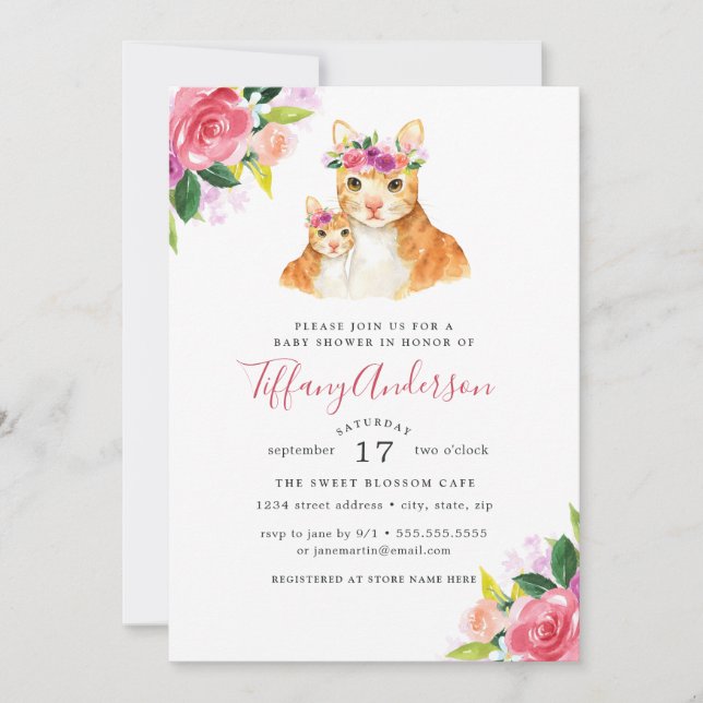 Baby Shower Floral Sweet Mum And Baby Cat Invitation (Front)