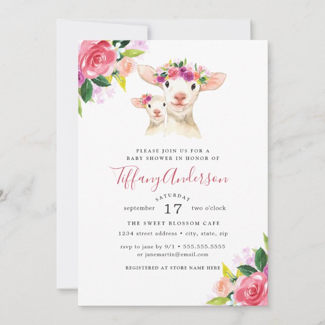 Baby Shower Floral Sweet Mum And Baby Lamb Invitation (Front)