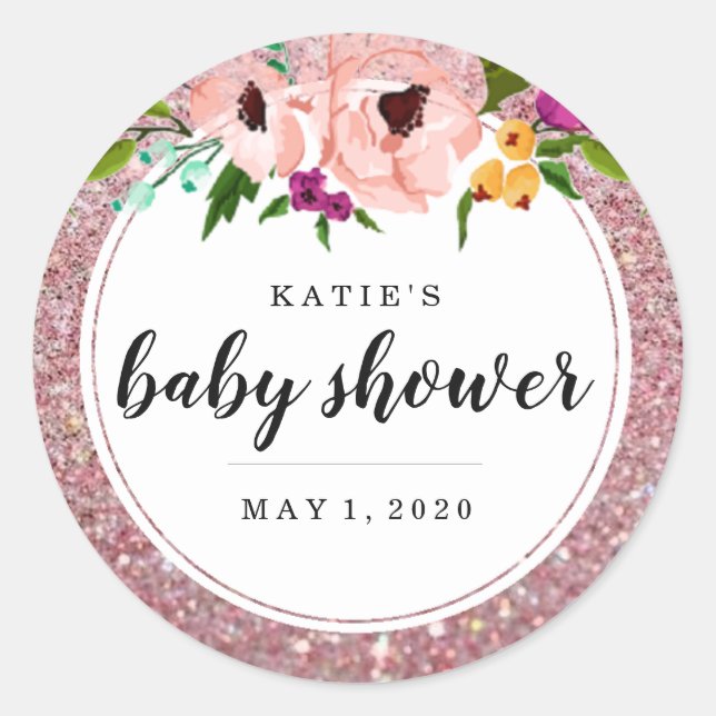 Baby Shower Flower Crown Glitter Pink Purple Classic Round Sticker (Front)