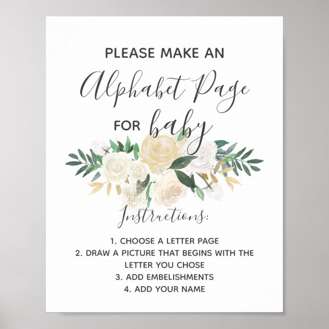 Baby Shower Flowers Alphabet Page Activity Sign (Front)