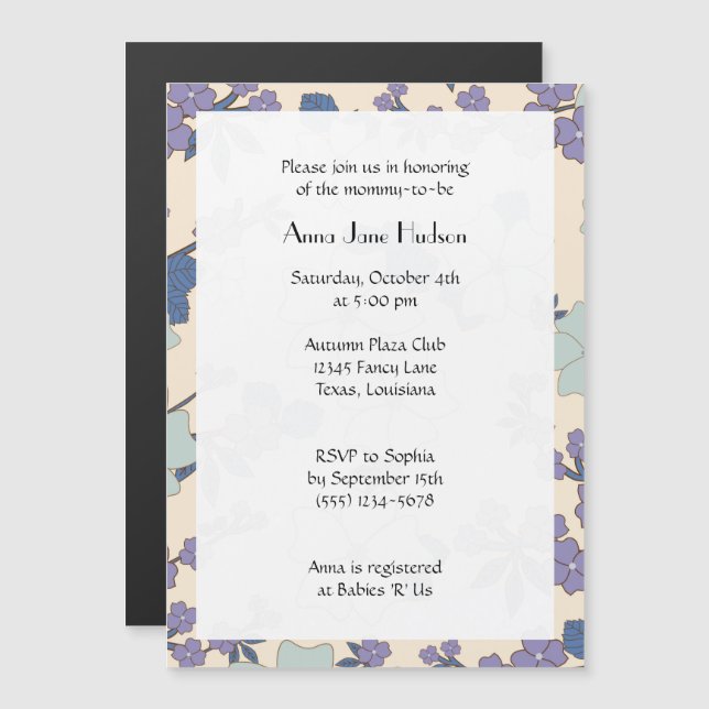 Baby Shower - Flowers, Blossoms - Blue Purple Magnetic Invitation (Front/Back)