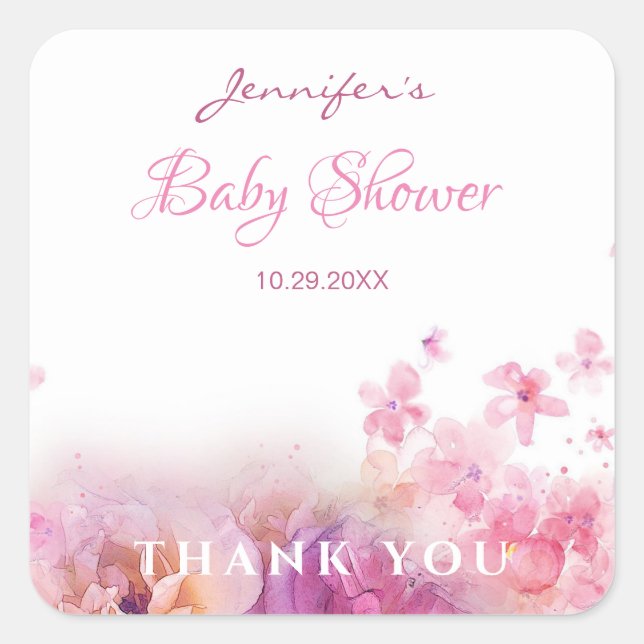 Baby Shower Flowers Roses Watercolor Art Elegant Square Sticker (Front)